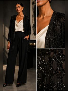 VINTAGE 80s FRANK USHER BLACK SILK BEADED LUXURY CARDIGAN EVENING JACKET MEDIUM